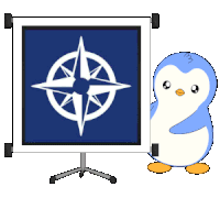 a blue and white penguin standing next to a compass