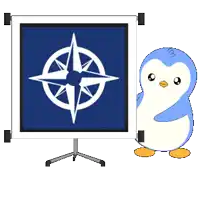 a blue and white penguin standing next to a compass
