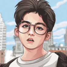 a drawing of a boy wearing glasses has the name yan sinh on the bottom