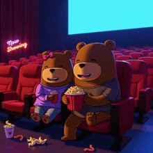 two teddy bears are sitting in a movie theater eating popcorn and drinking coffee