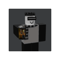 a roblox character is holding a can of soda and wearing a scarf .