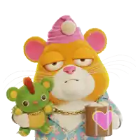 a cartoon character holding a stuffed animal and a cup of coffee