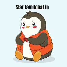 a penguin is holding a flower with the words star tamilchat.in above him