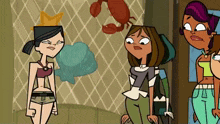 a group of cartoon girls standing in front of a crab