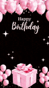 a happy birthday card with pink balloons and a pink gift