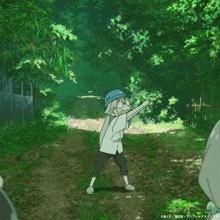 a cartoon of a person standing in a forest with a yellow lightning bolt behind them