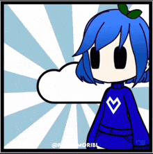 a cartoon of a girl with blue hair and a white heart on her sweater