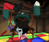 a cartoon character is doing a handstand in a room