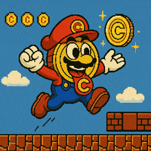 a pixel art of mario holding a coin that says c on it