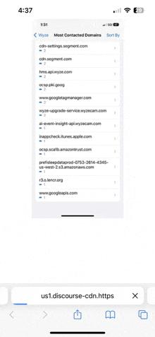 a phone screen shows a list of domains including us1.discourse-cdn.htps
