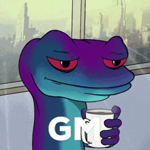 a purple lizard is holding a cup of coffee with the word gm3 written on the bottom