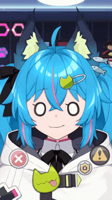 a close up of a cartoon character with blue hair and a cat ear