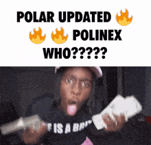 a man with his tongue out is holding a pile of money in front of a sign that says polar updated polinex who ?