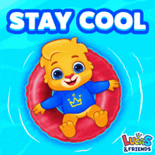 an advertisement for lucas & friends shows a teddy bear floating on a raft
