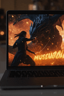 a computer screen shows a woman fighting a dragon and the word museubol