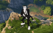 a black and white cartoon character holding a gun on top of a hill
