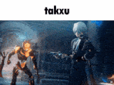 a video game character is holding a gun in front of a monster and the word takxu is above him
