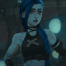 a girl with blue hair is wearing a black crop top with a cross on it