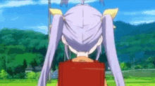 a girl with purple hair and pigtails is standing in a grassy field .
