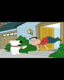 a cartoon of a man falling through a door while a dog looks on