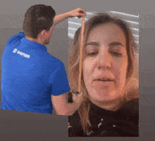 a man in a blue shirt with the word sense on the back is measuring a woman 's height