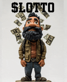 a statue of a man with a beard stands in front of a pile of money and the word lotto