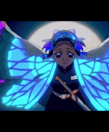 a girl with blue wings is holding a sword in her hand