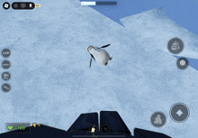 a penguin is flying through the air in a video game with the number 100 in the lower right corner