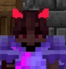 a close up of a person 's face in a minecraft game with red horns .