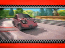 a pink car is driving down a race track