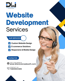 a woman wearing a headset pointing at the camera with the words website development services