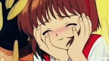 a cartoon girl is making a face with her hands .