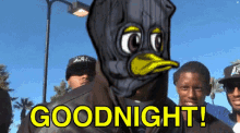 a group of men are standing in front of a cartoon character that says goodnight !