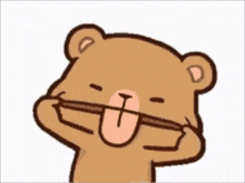 a cartoon teddy bear is sticking its tongue out .