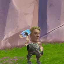 a cartoon character is standing in the grass holding a bottle of water