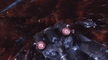 a futuristic space ship with red eyes is flying through space