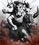a black and white drawing of a monster with four horns