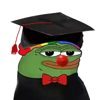 a green frog wearing a graduation cap and red nose