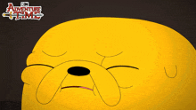 a close up of a cartoon character with the word adventure time on the bottom