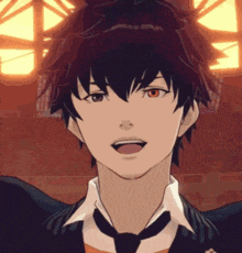 a close up of a man with black hair and red eyes