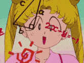 a cartoon of a girl with math equations on her face including a triangle and the number 20