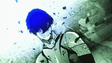 a drawing of a person with blue hair and a shirt that says ' a ' on it