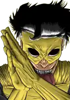 a drawing of a man wearing a yellow mask has the year 2013 on the bottom