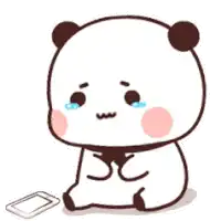 a cartoon panda bear is crying while sitting next to a phone .