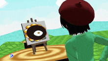 a girl in a green sweater stands in front of an easel with a painting of a flower on it