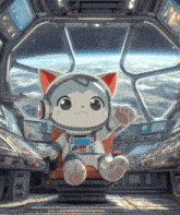 a cat in a space suit sits in the cockpit of an airplane