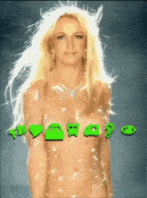 a naked woman is surrounded by green hearts and circles with the word bravo on the bottom
