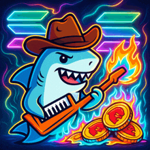 a shark in a cowboy hat is playing a guitar next to a pile of coins