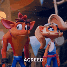 a couple of cartoon characters standing next to each other with the word agreed in the corner