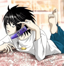 a cartoon character is laying on his stomach talking on a cell phone